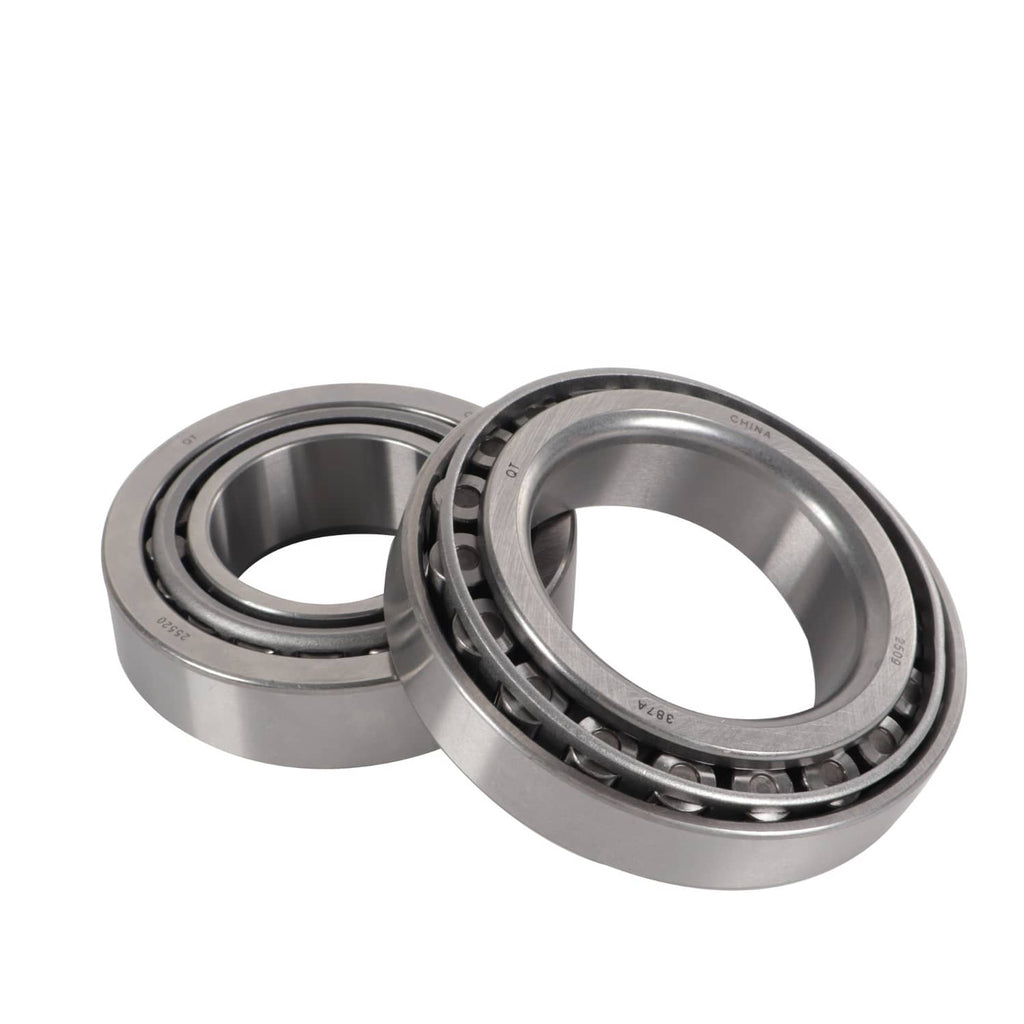 Trailer bearing kit: two metal bearing cups with black tapered rollers and open inner holes