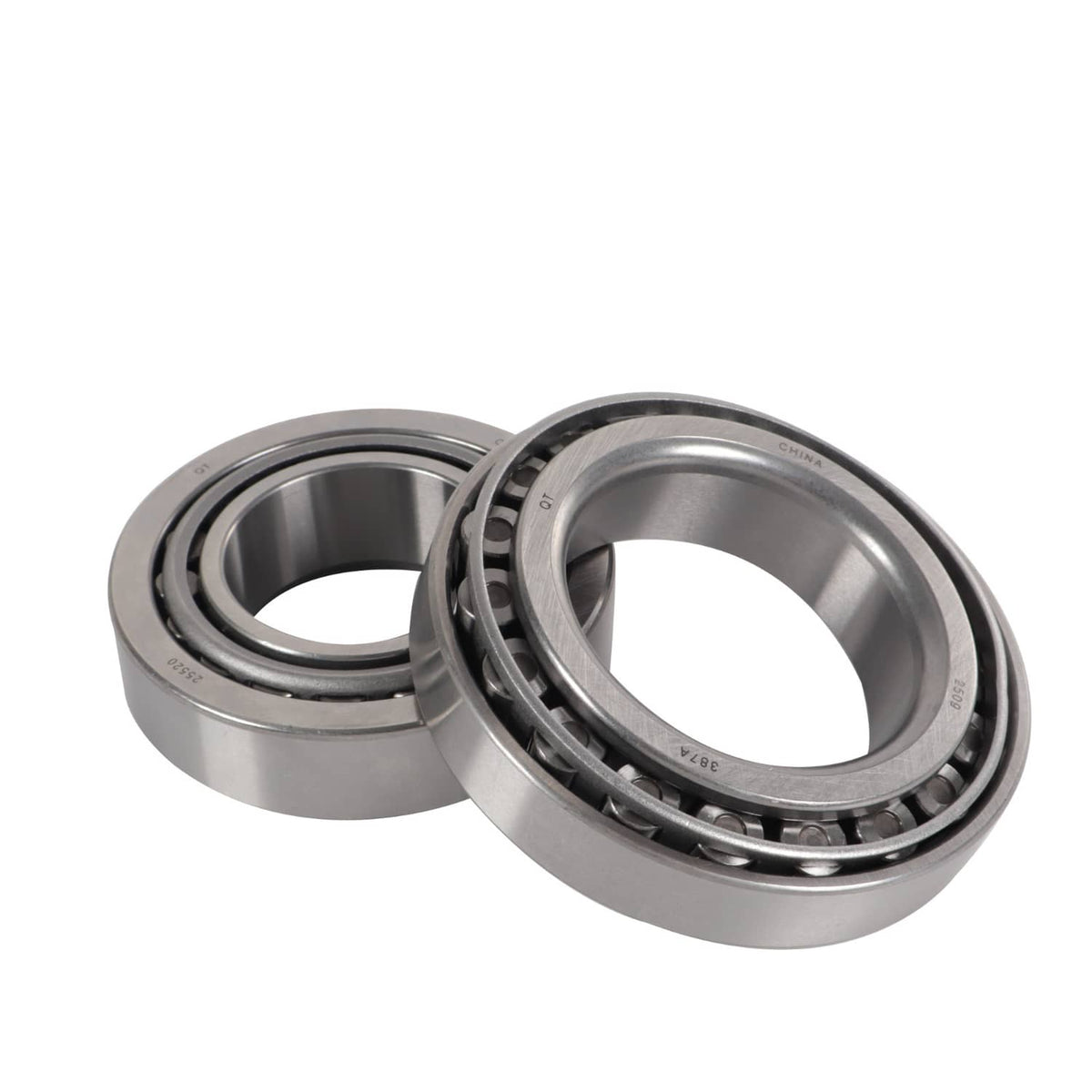 Trailer bearing kit: two metal bearing cups with black tapered rollers and open inner holes