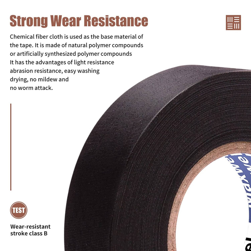 Black automotive cloth tape roll close-up, textured fabric outer layer