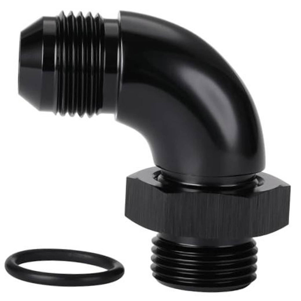 Black 90-degree AN ORB male elbow fitting with O-ring, 10AN to 10AN
