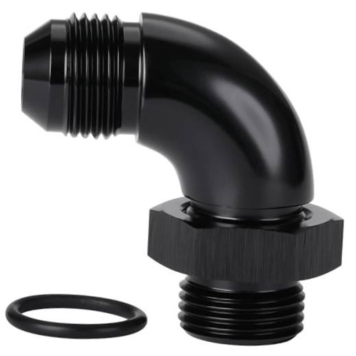 Black 90-degree AN ORB male elbow fitting with O-ring, 10AN to 10AN