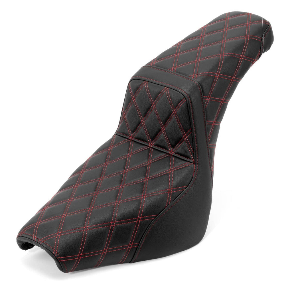 Motorcycle passenger seat, black with red grid stitching and raised diamond stitching