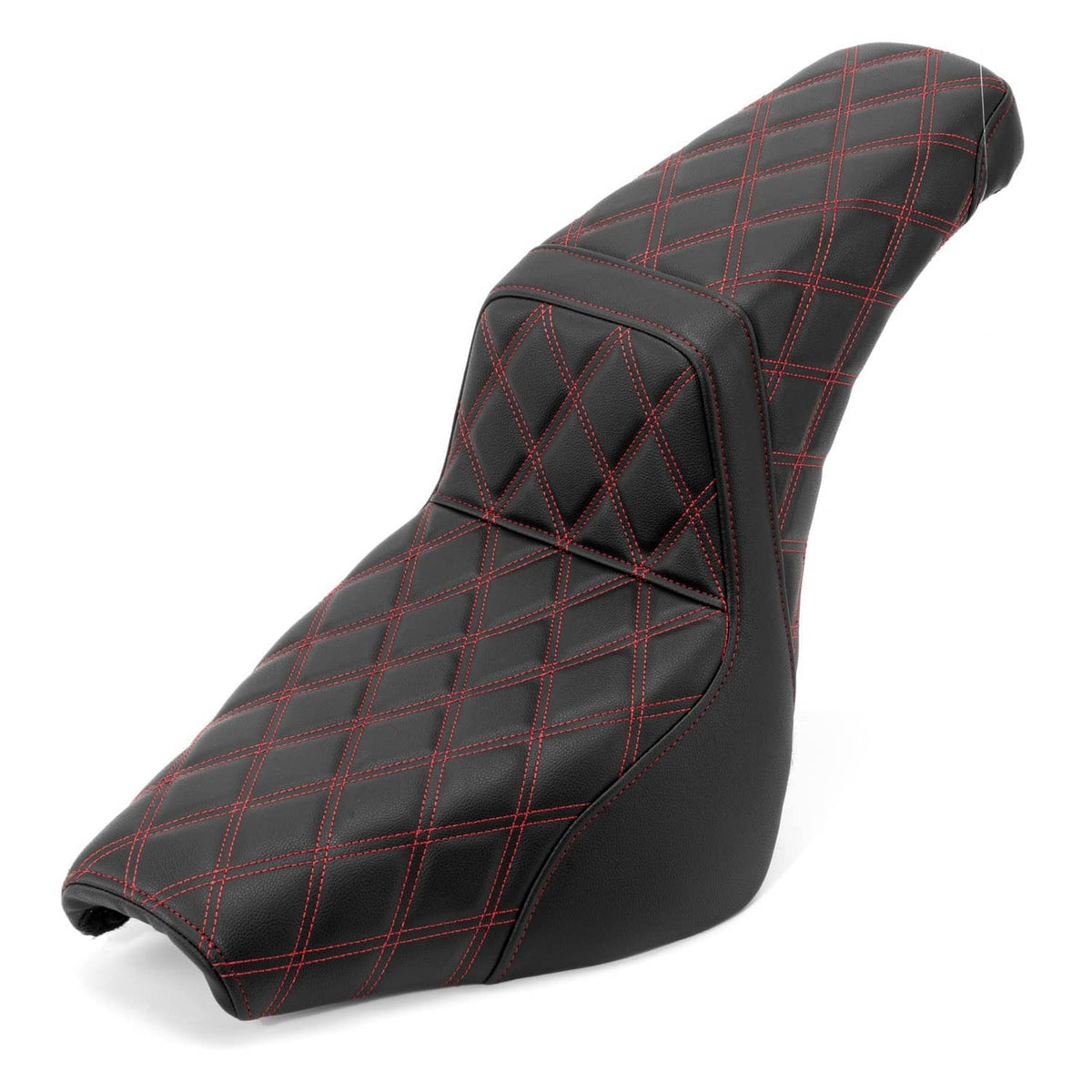Motorcycle passenger seat, black with red grid stitching and raised diamond stitching