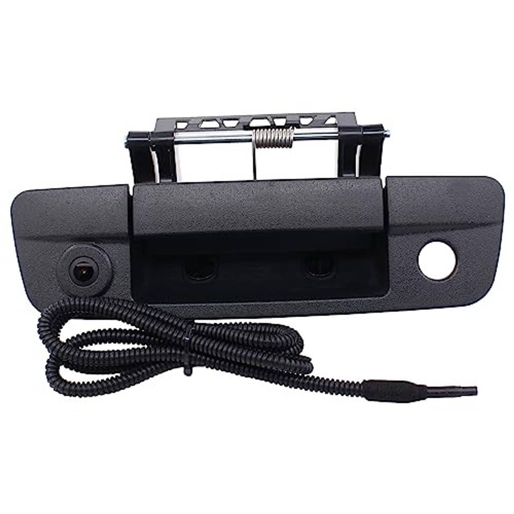 Black tailgate handle with built-in backup camera lens and cable bundle