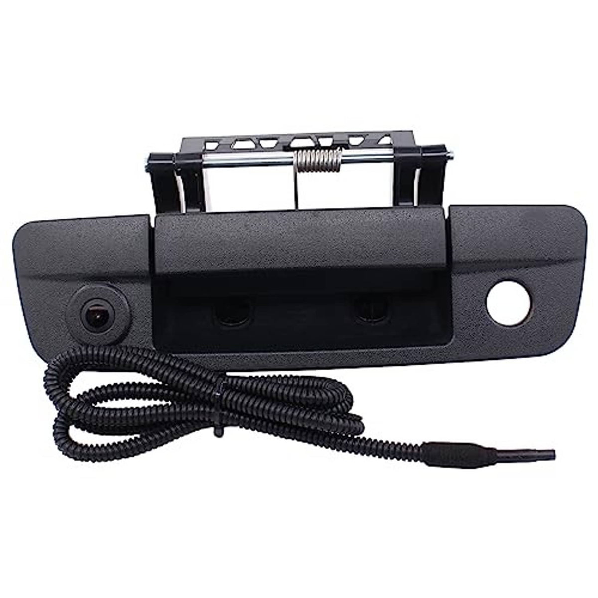 Black tailgate handle with built-in backup camera lens and cable bundle