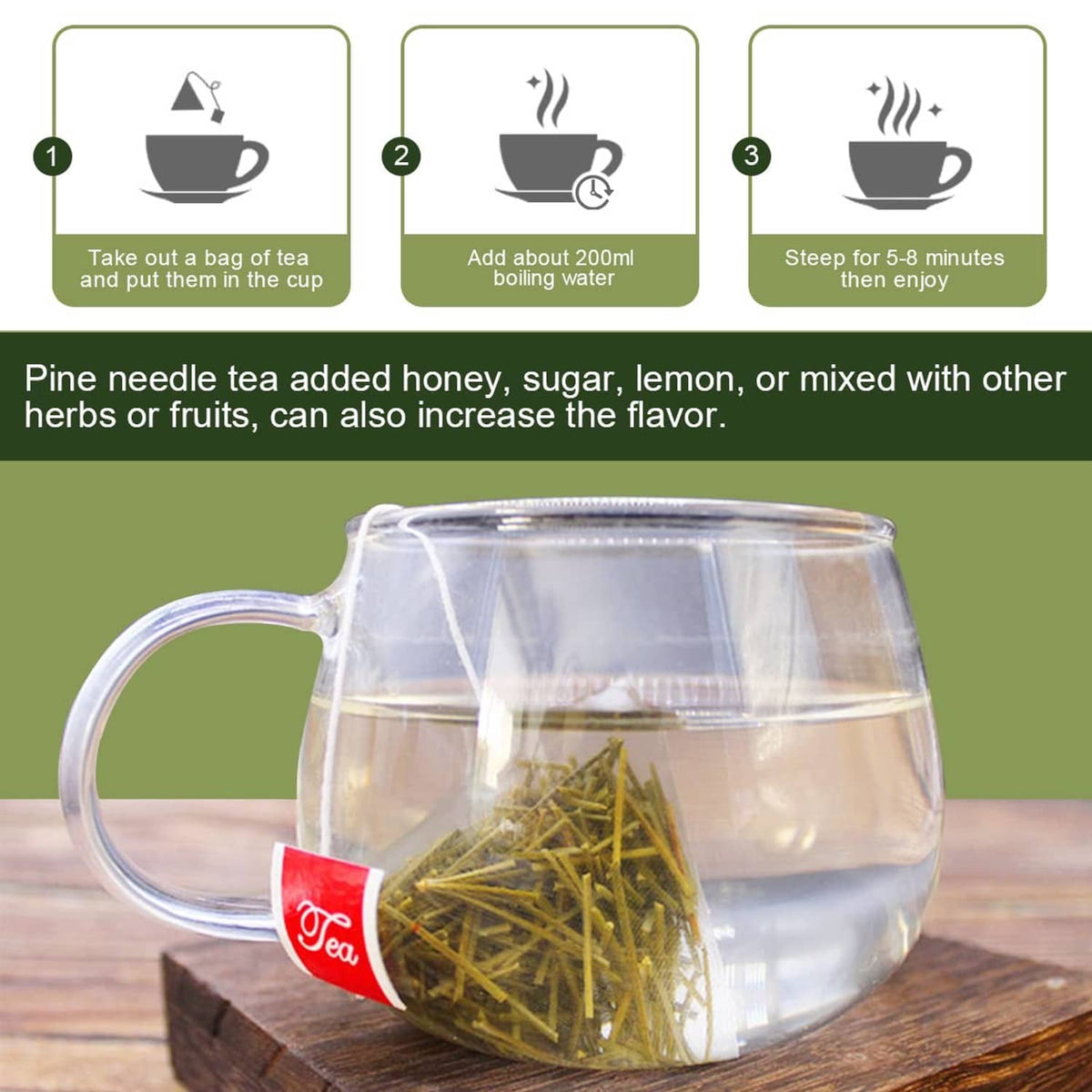 Glass cup filled with pine needle tea and an unsteeped tea bag