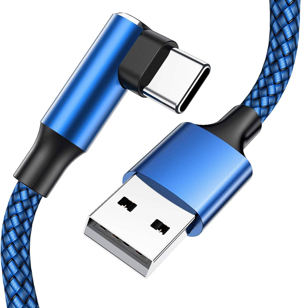 USB-A plug and blue USB-C right-angle plug on braided charging cable