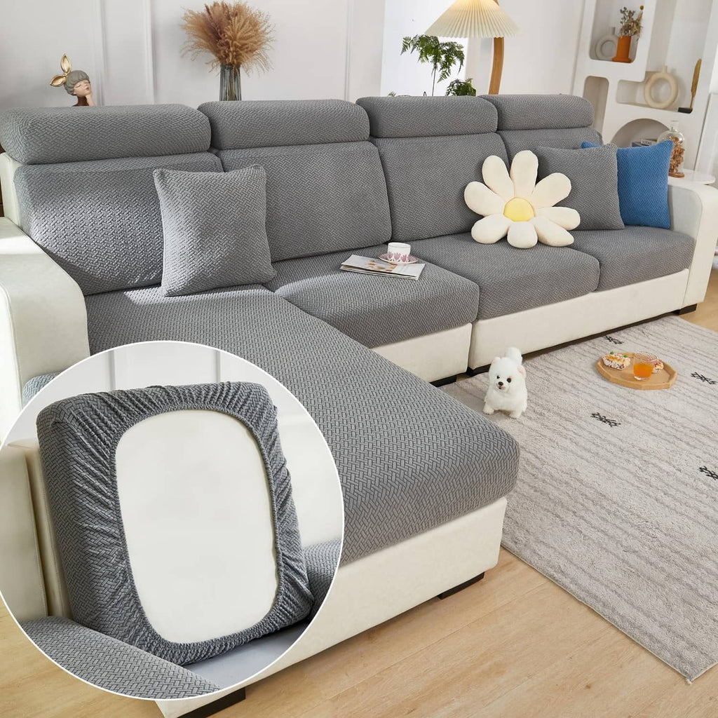 Gray textured chaise cushion cover with fitted side opening and curved cutout
