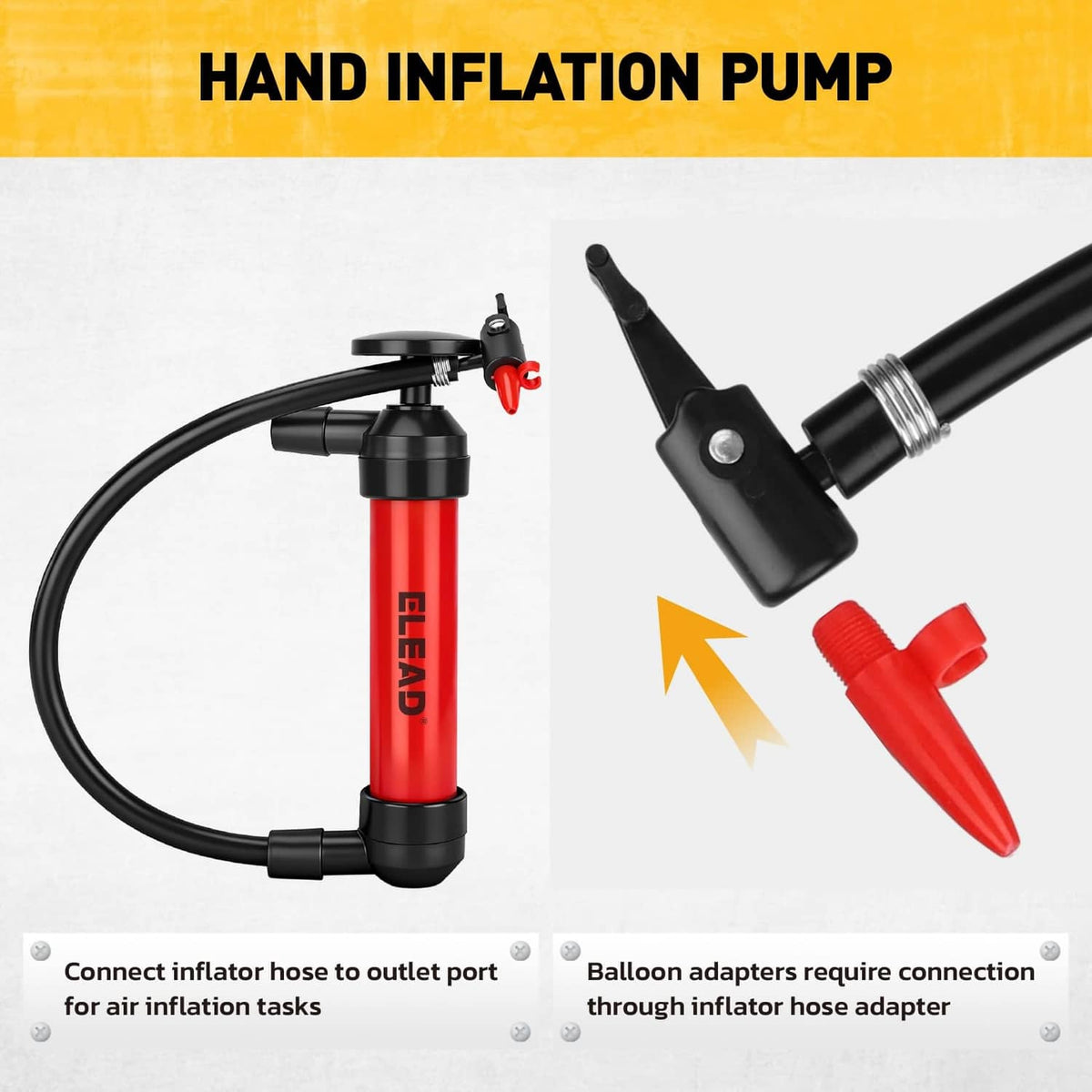 Hand inflation pump with black lever, red outlet adapter, and connected hose