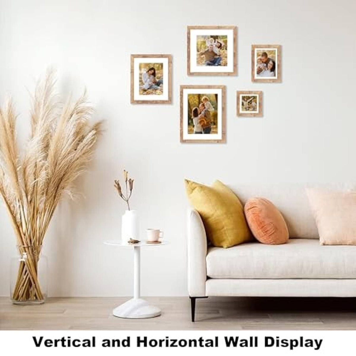 Rustic brown picture frames set shown for vertical and horizontal wall display
