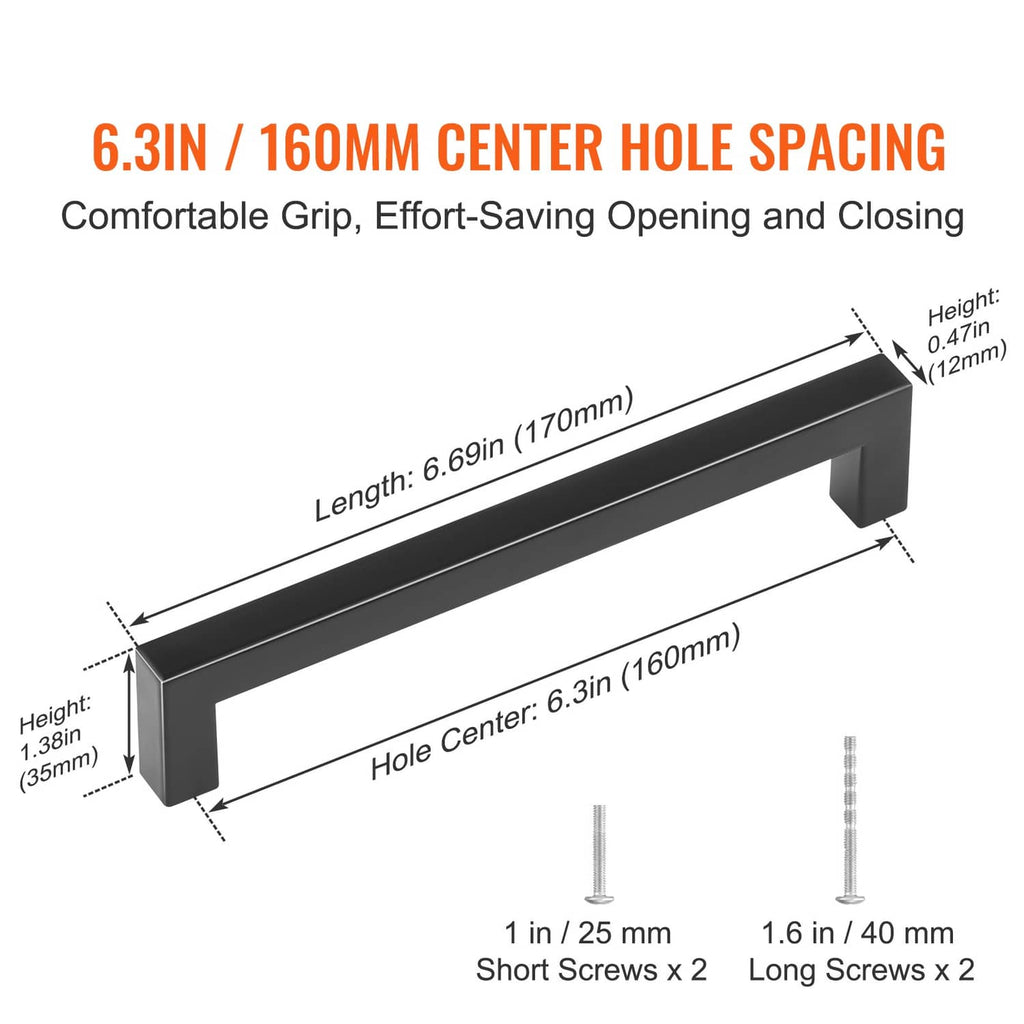 Matte black cabinet pull with 6.3 in 160 mm center hole spacing diagram