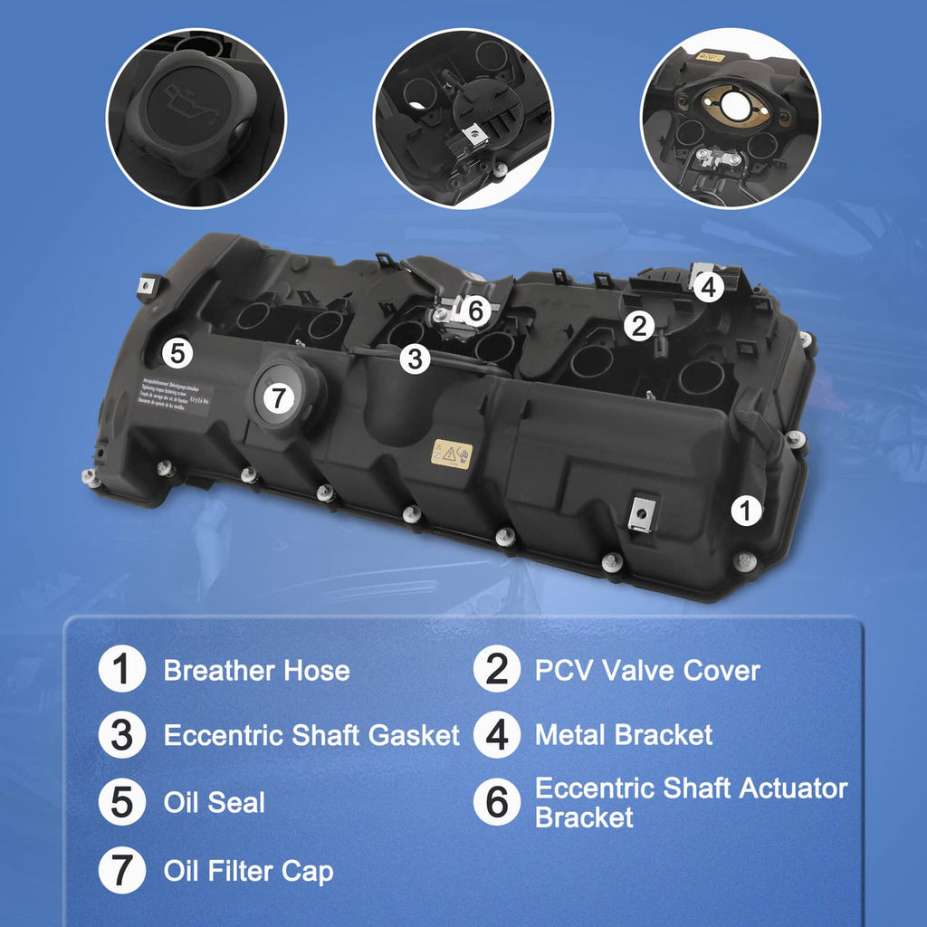 Black valve cover components diagram with gasket and bracket parts