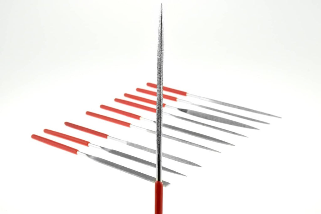 Diamond needle files with red grips and long gray diamond tips, fan arrangement