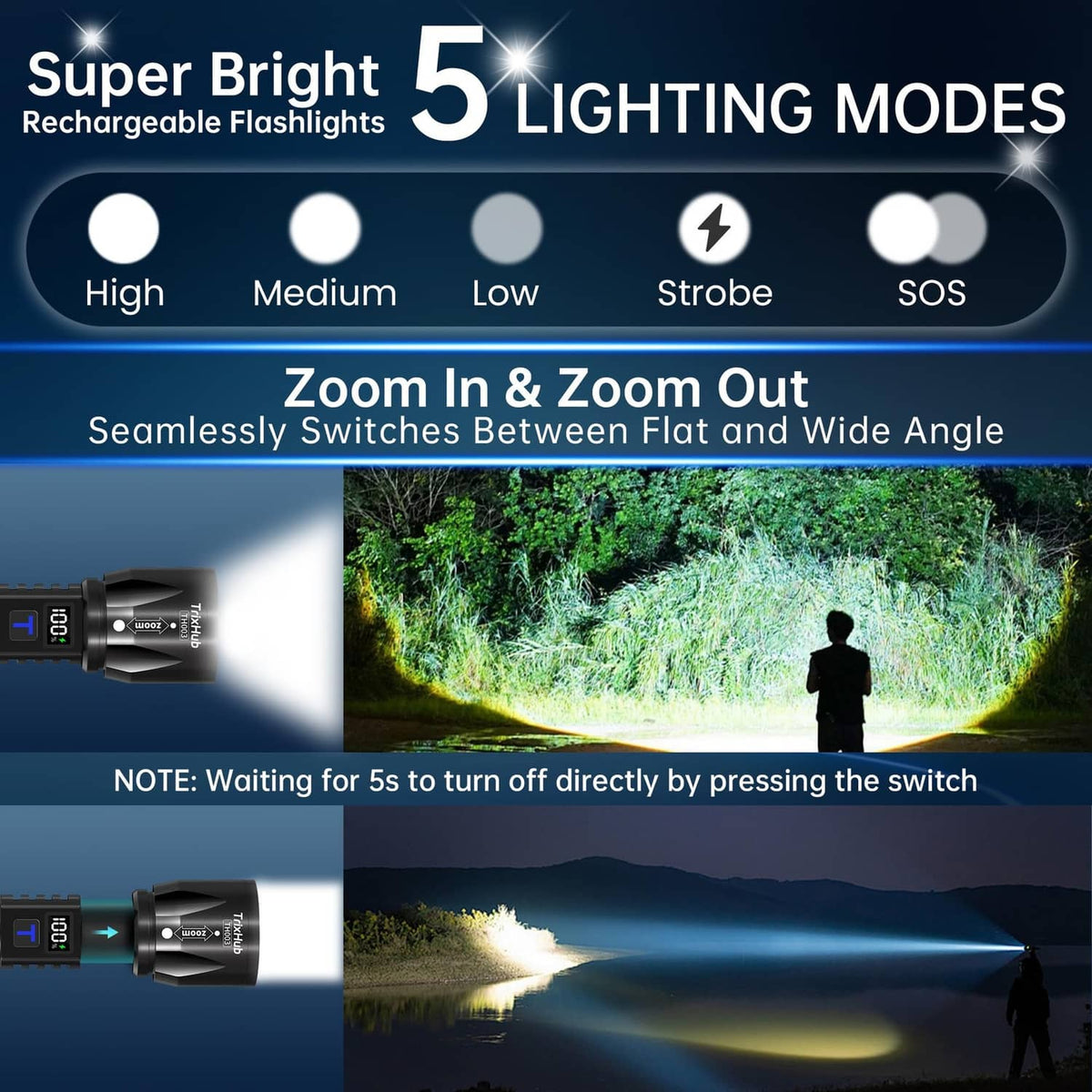 Black rechargeable flashlight with zoom head and LCD mode display