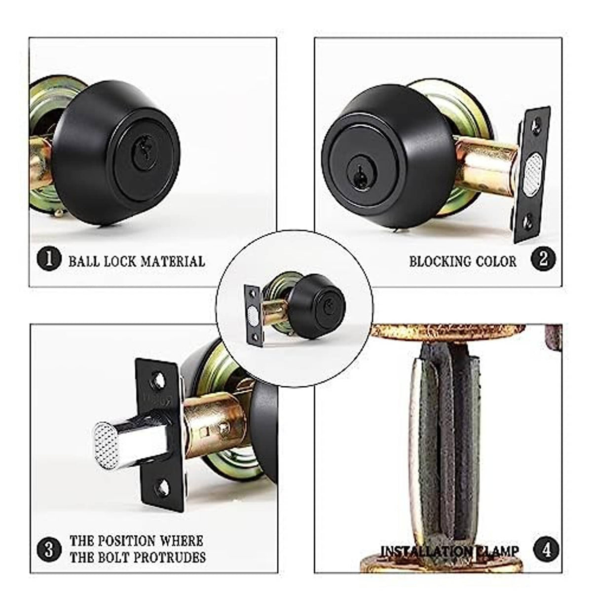 Black and brass deadbolt lock parts shown in separate views with mounting plates