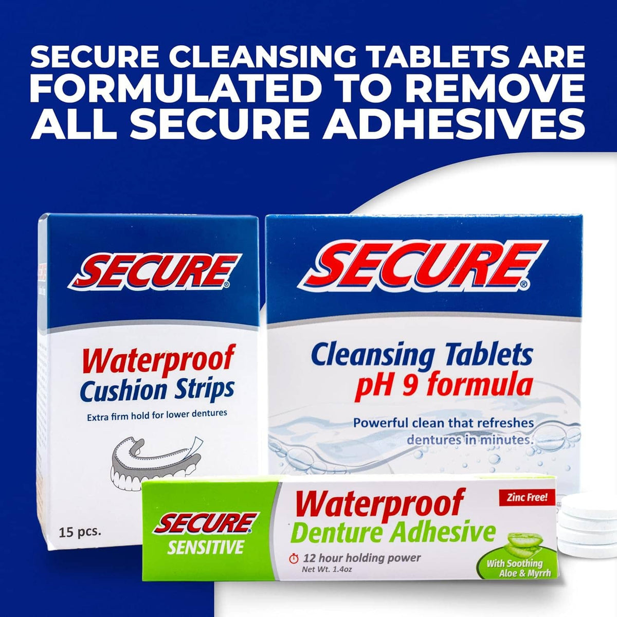 Secure denture care set with cleansing tablets boxes and waterproof adhesive tube