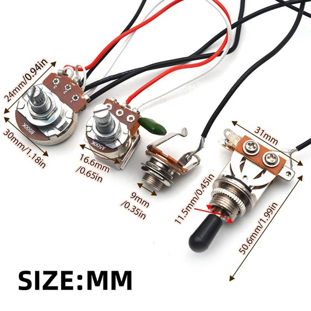 Guitar wiring harness components close-up with potentiometers, switch, and wire leads