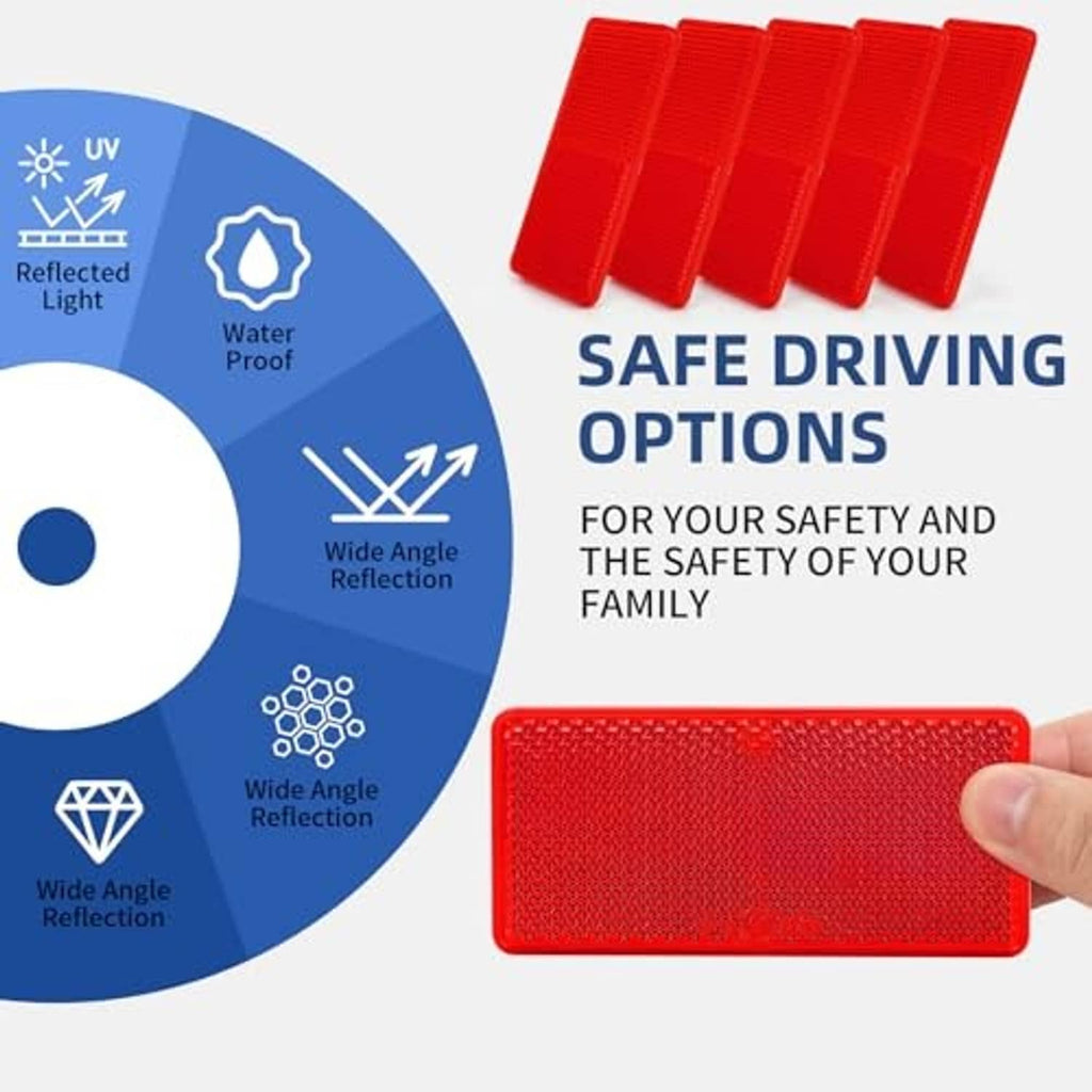 Red rectangular reflective reflectors with adhesive backing, hand holds one piece