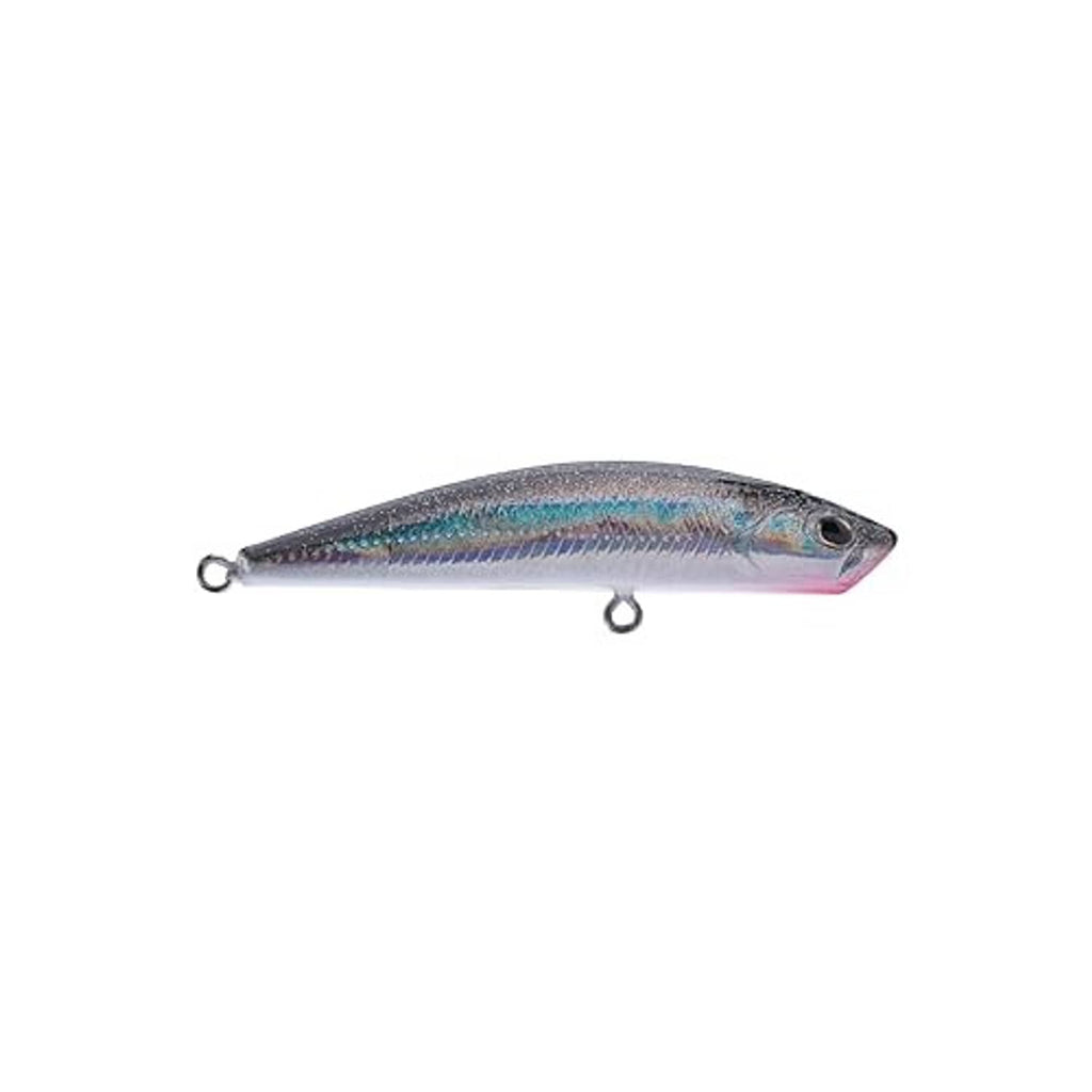 Silver fishing minnow lure side view with two black treble hooks