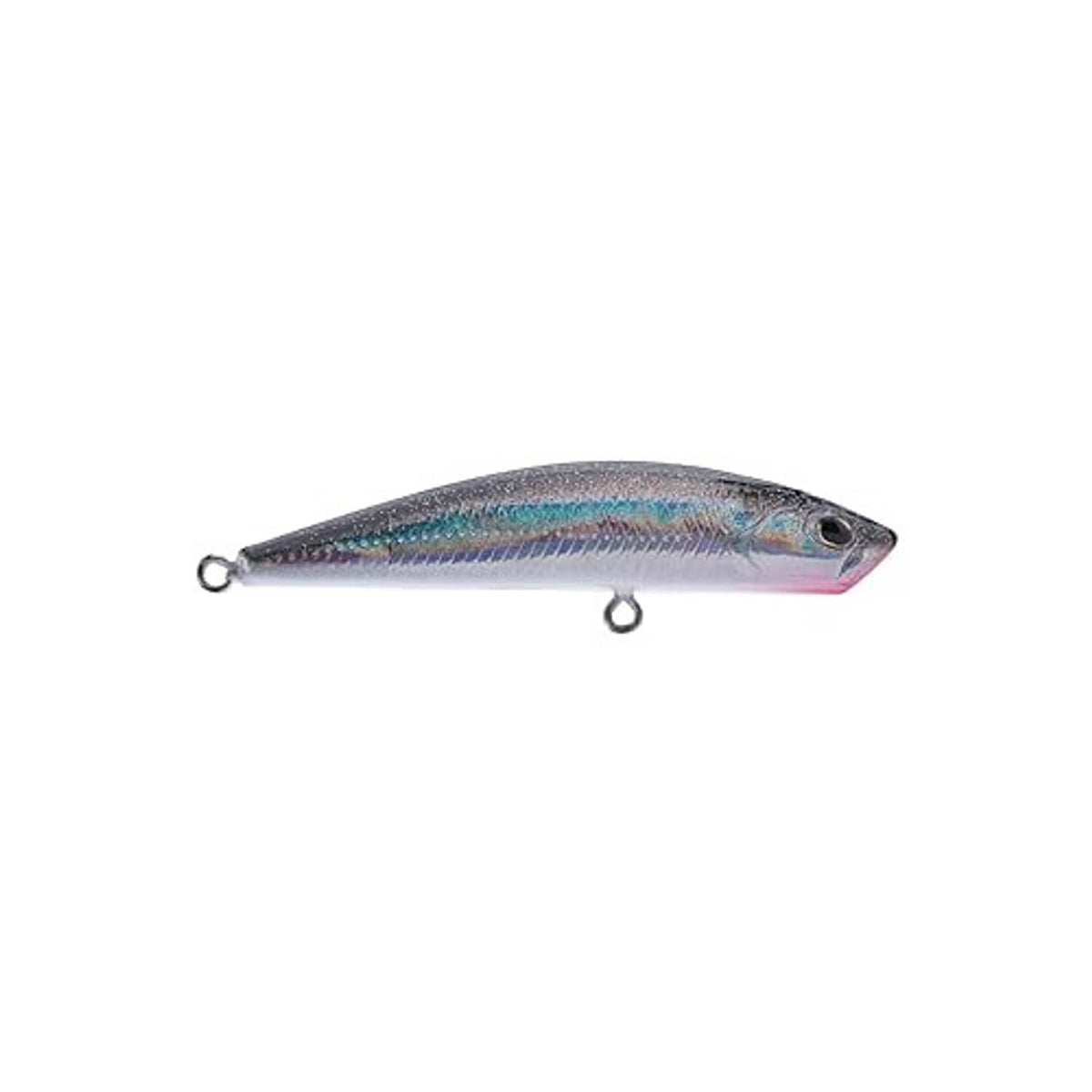 Silver fishing minnow lure side view with two black treble hooks