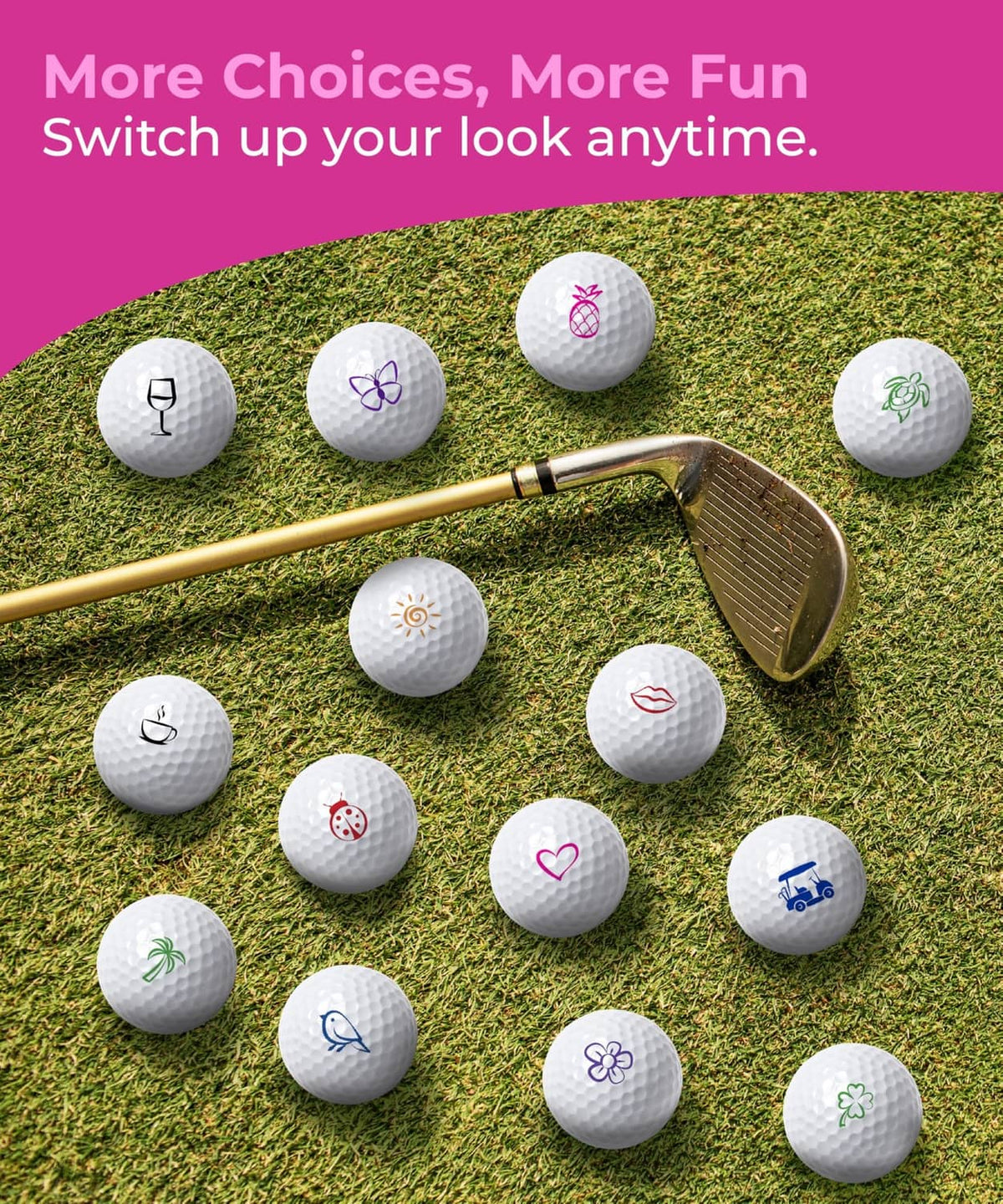Assorted stamped golf balls with colorful icons scattered on green grass
