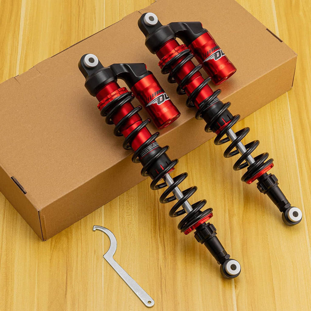 Pair rear air shocks absorbers, red cylinders with black coil springs and mounts