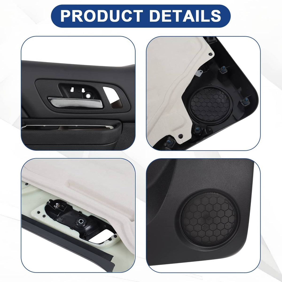 Front door interior trim panel details: handle latch and round speaker grille