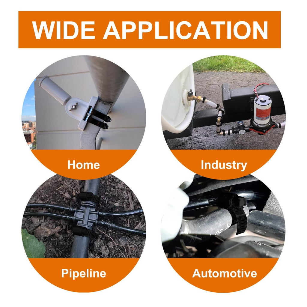Black worm gear hose clamps installed on home plumbing, pipeline, and automotive lines