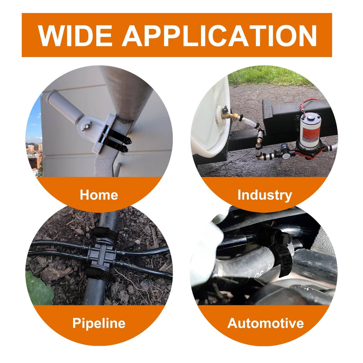Black worm gear hose clamps installed on home plumbing, pipeline, and automotive lines