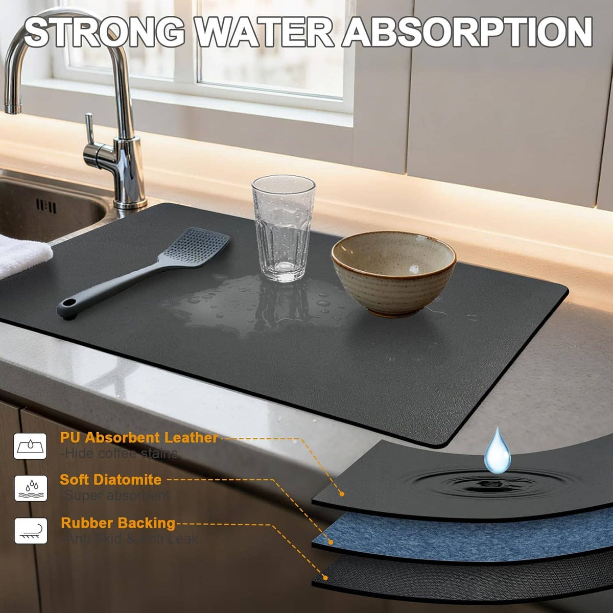Black water-absorbent countertop mat with water pooled on the surface