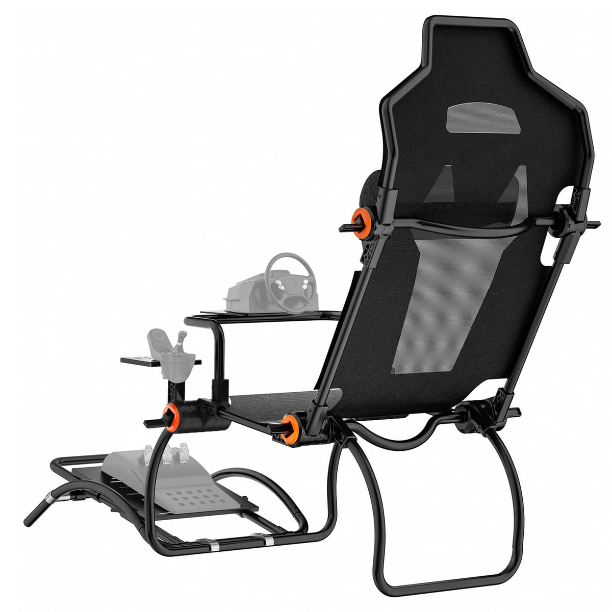 Racing simulator cockpit chair with black seat, orange knobs, and pedal mount, angled view