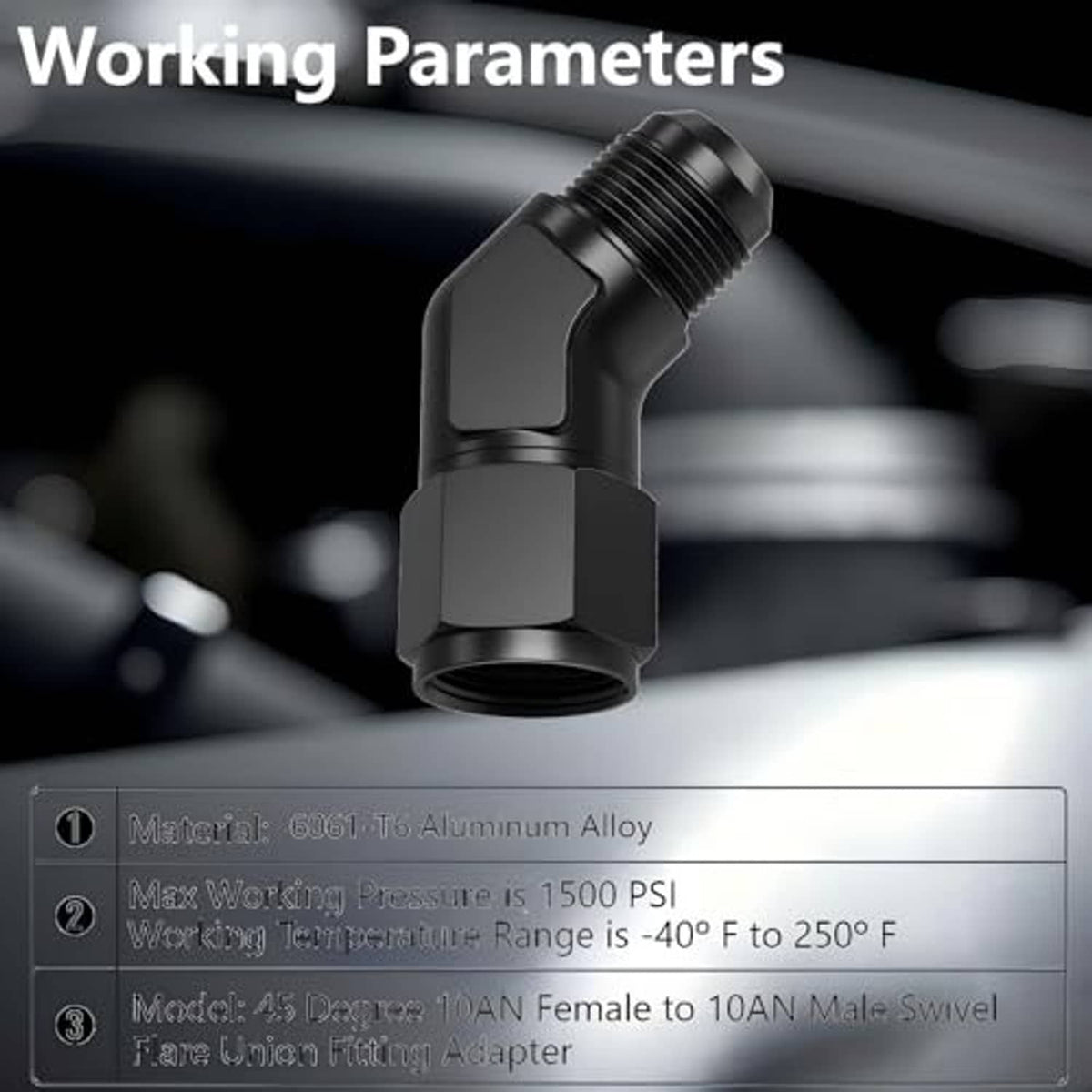 Black 45-degree AN elbow swivel fitting adapter with hex sections and threaded ports