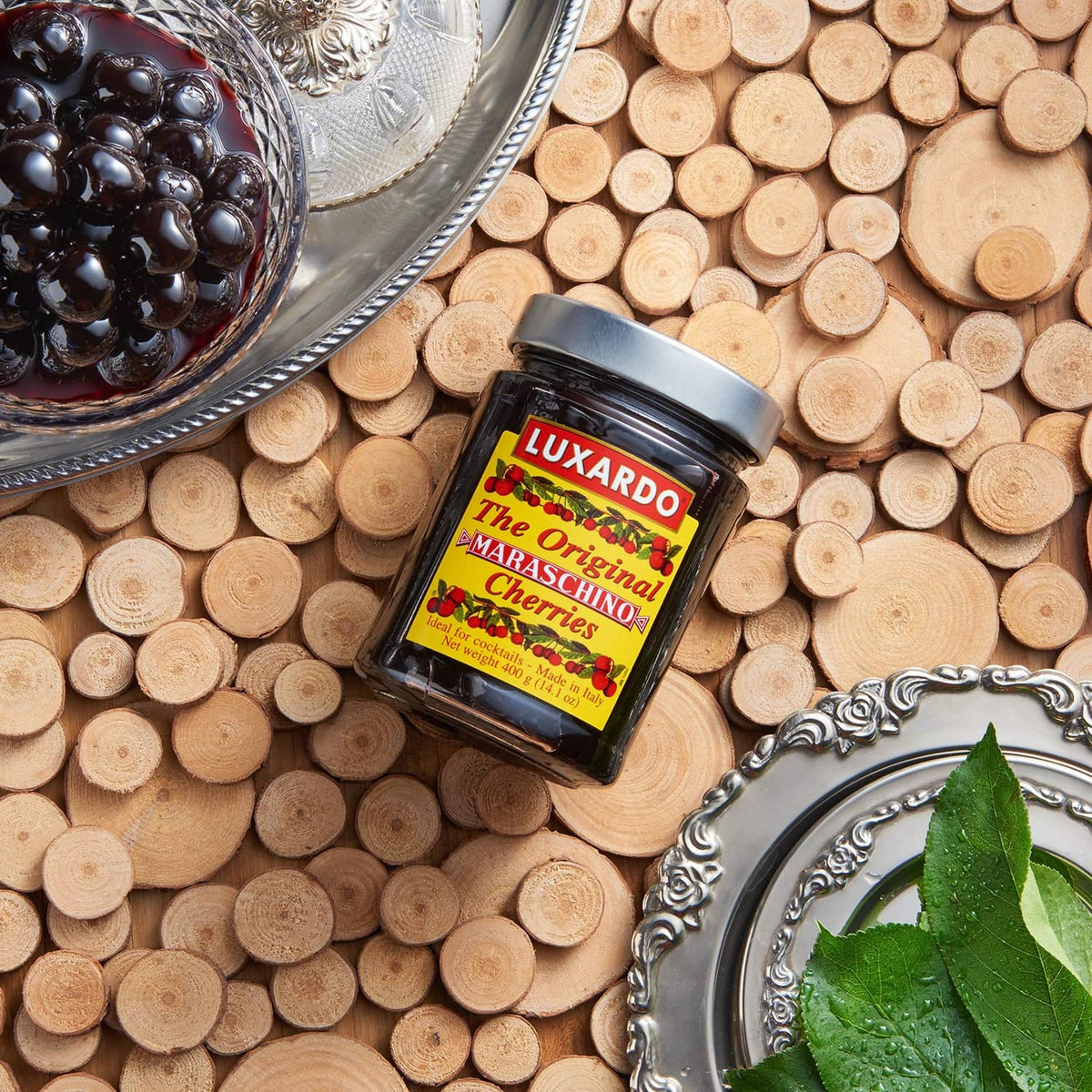 Luxardo maraschino cherries jar on wood corks