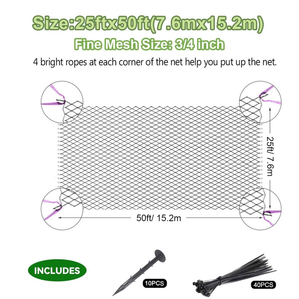 Heavy-duty black bird netting sheet, 25 ft x 50 ft with 3/4 in mesh and corner ropes
