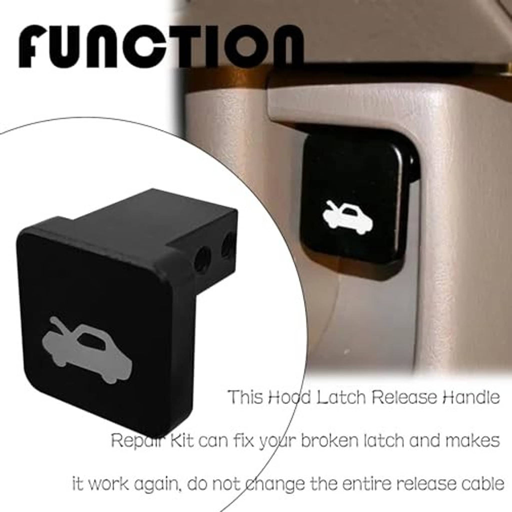Black hood latch release handle, shown mounted on vehicle hood latch area