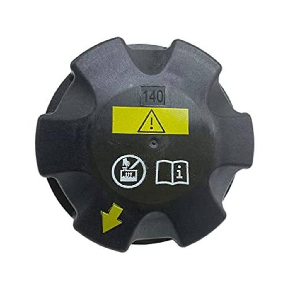 Expansion tank cap with grey plastic body and yellow warning label panel