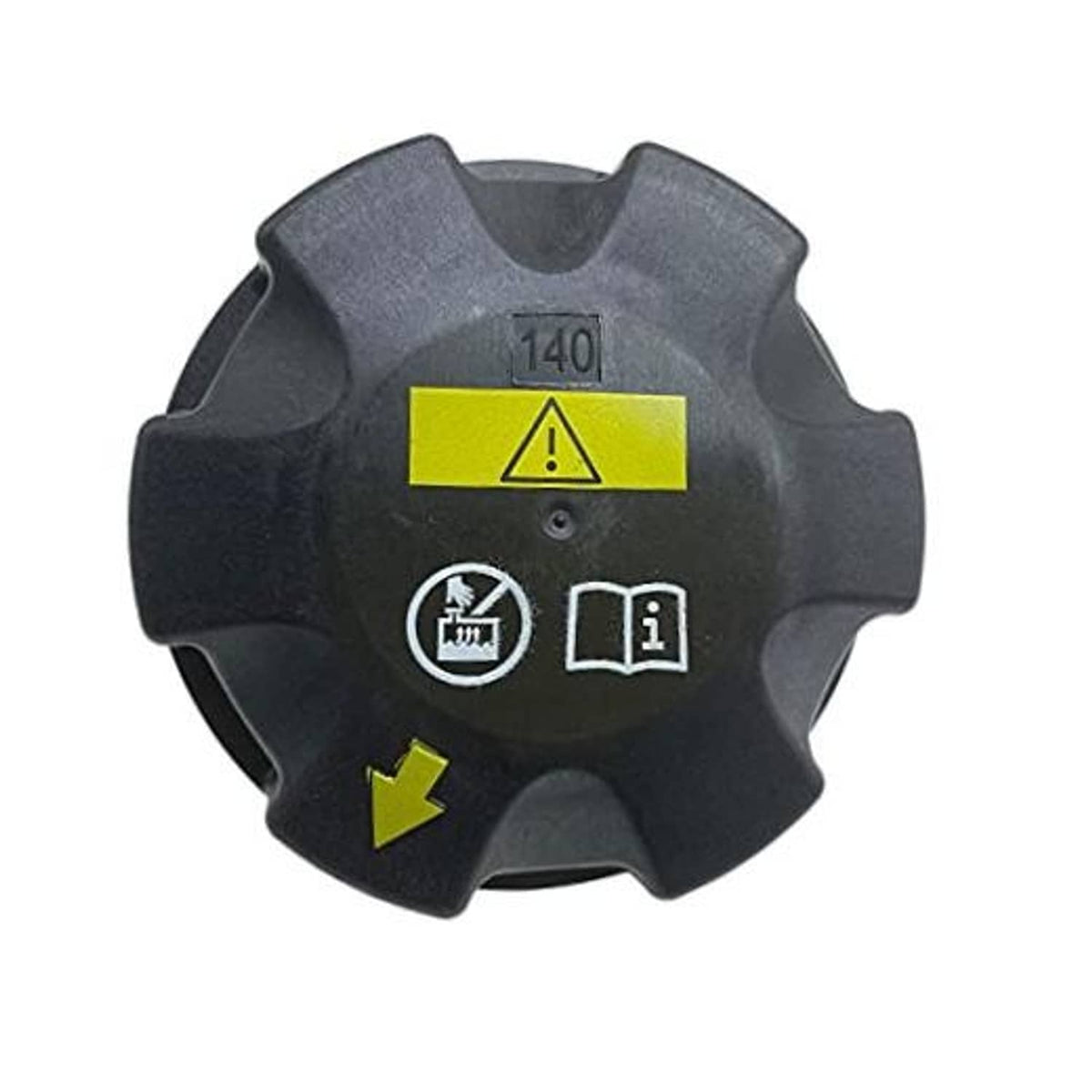 Expansion tank cap with grey plastic body and yellow warning label panel