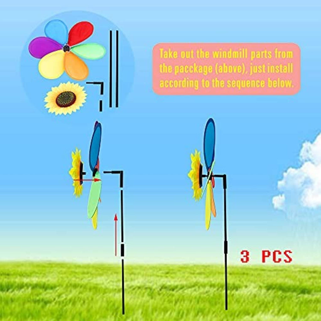 Sunflower pinwheel windmill set with three black stakes and colorful flowers