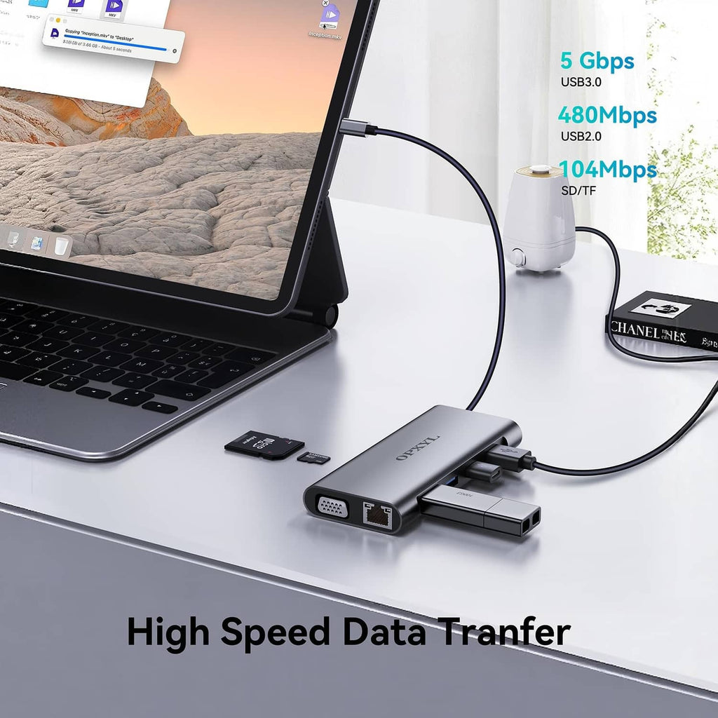 Grey USB-C hub for fast data transfer with display and USB ports
