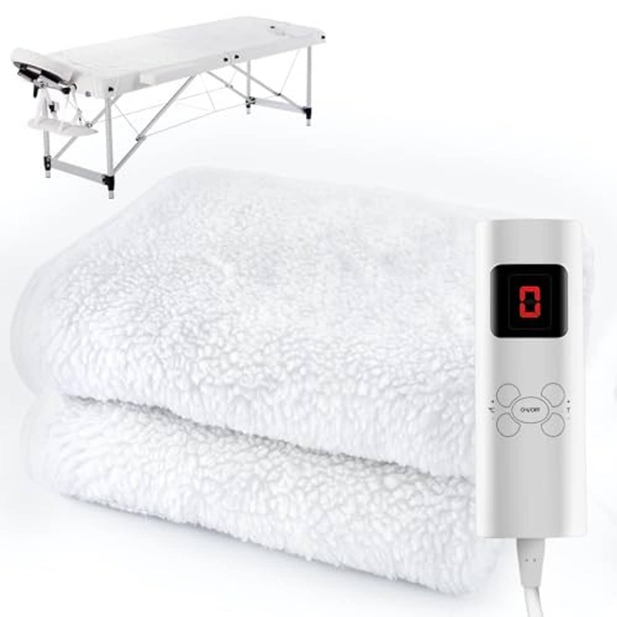 White heated massage table pad with side control unit and red LED temperature display.