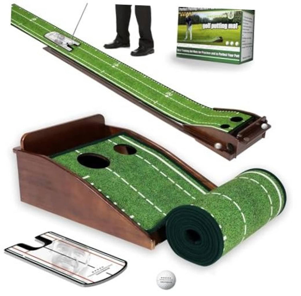 Indoor olive-green golf putting practice mat with automatic ball return track and holes