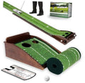 Indoor olive-green golf putting practice mat with automatic ball return track and holes