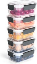 Stacked 3-cup transparent plastic food containers with black latch lids