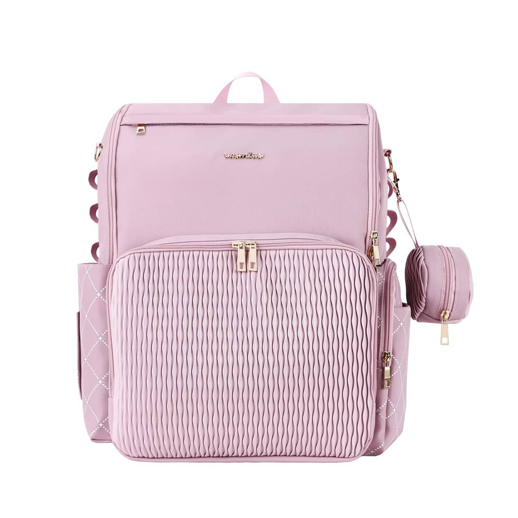 Lavender baby diaper bag with front zip pocket and striped bottom panel