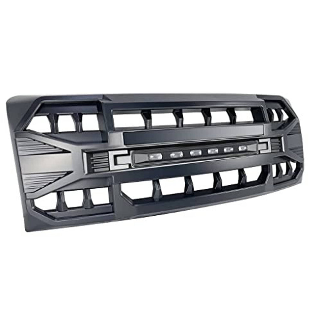Matte black front grille with side vent details and LED light bar slot