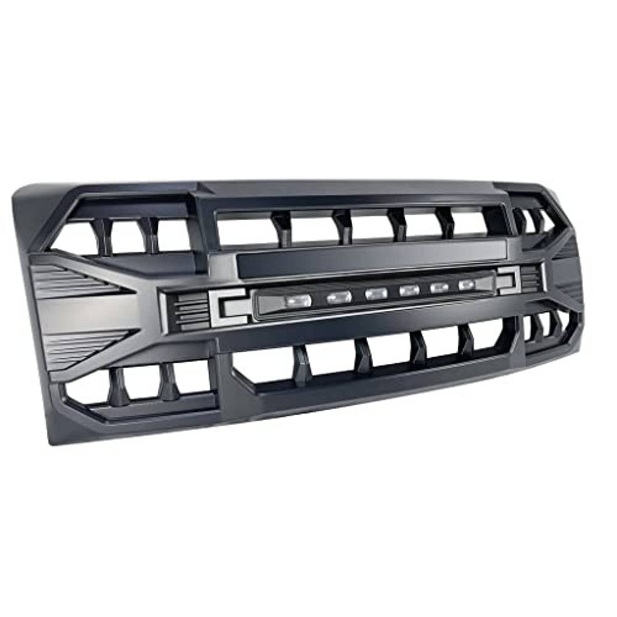 Matte black front grille with side vent details and LED light bar slot
