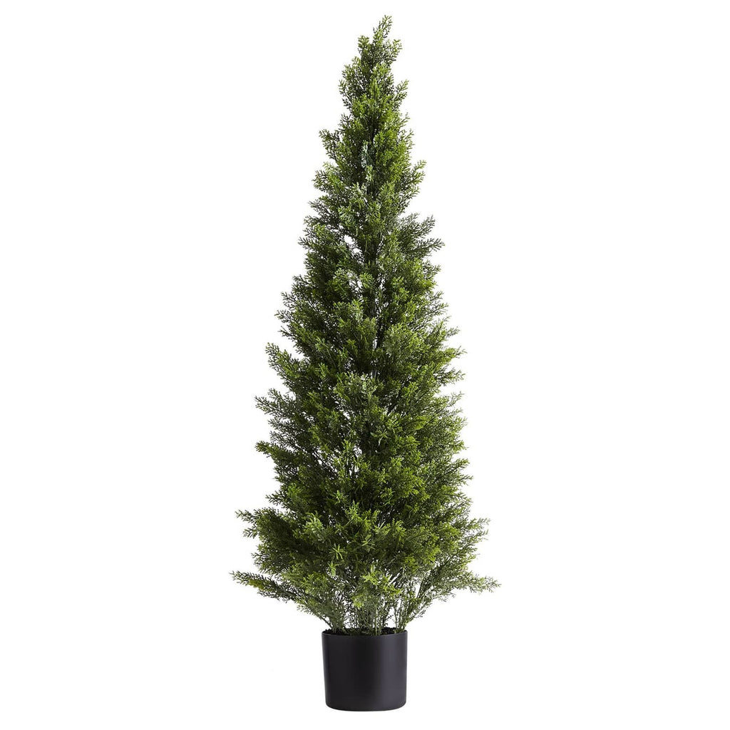 Artificial cedar-style topiary tree in black planter, dense green conical foliage