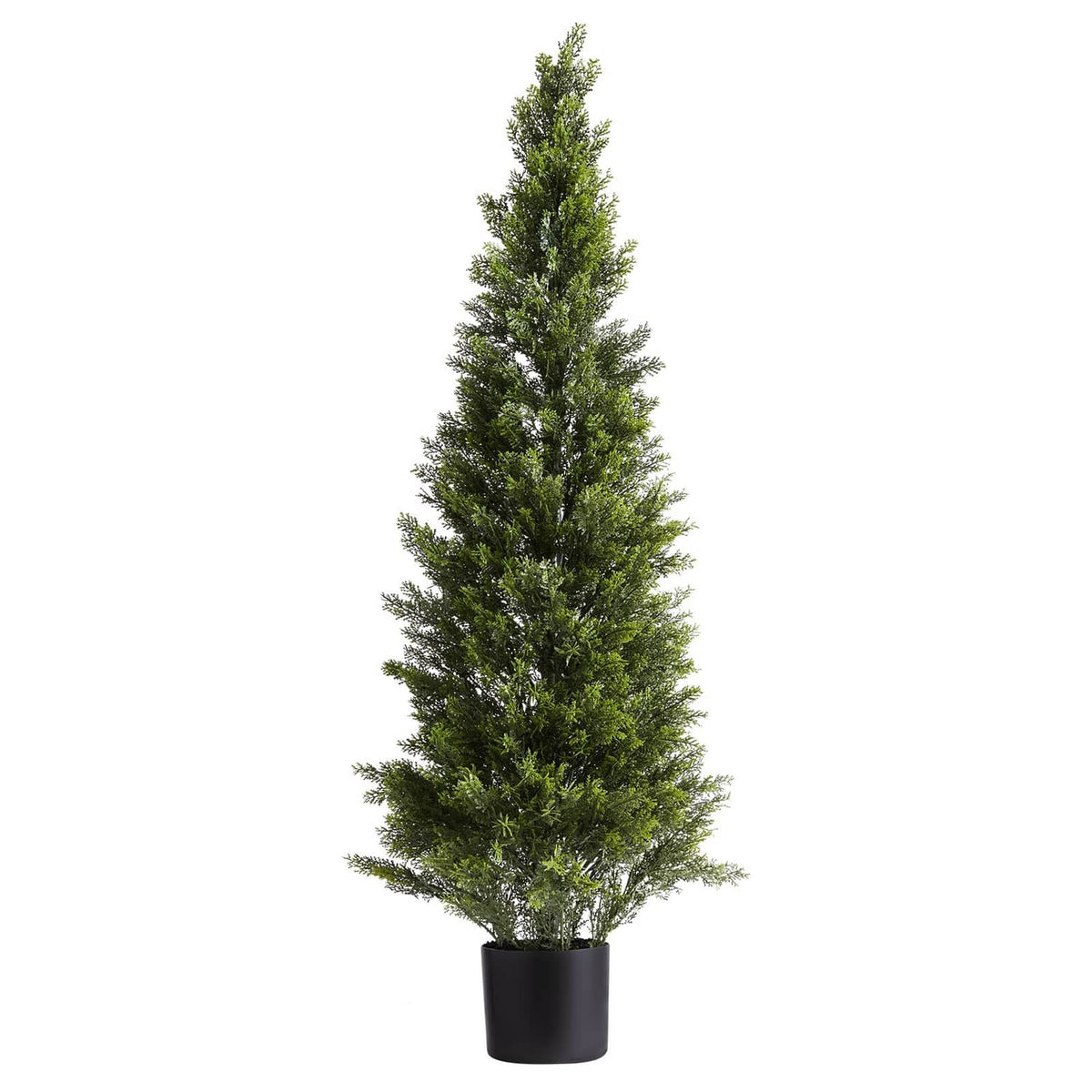Artificial cedar-style topiary tree in black planter, dense green conical foliage