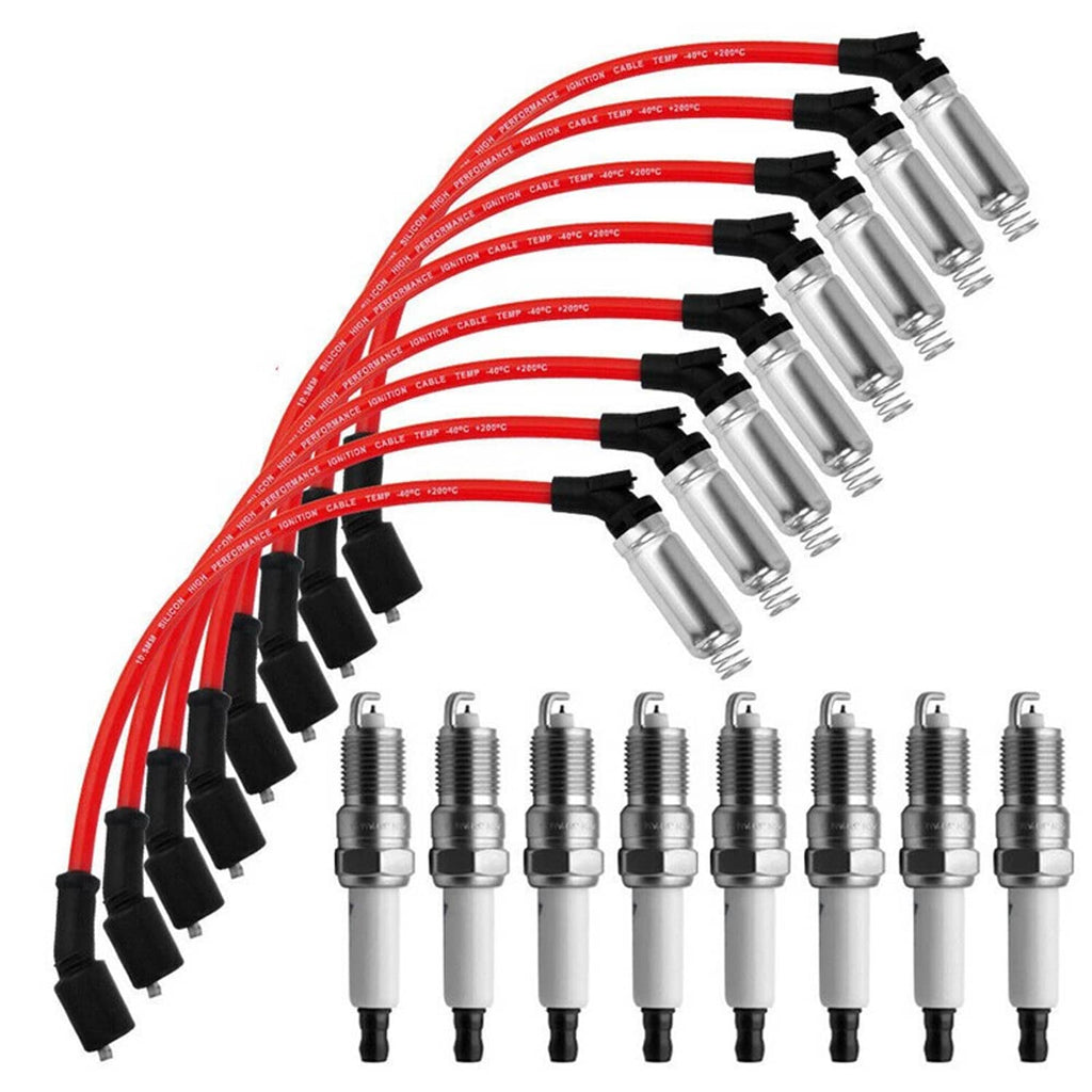 Ignition wire and spark plug set with red cables and 8 silver spark plugs
