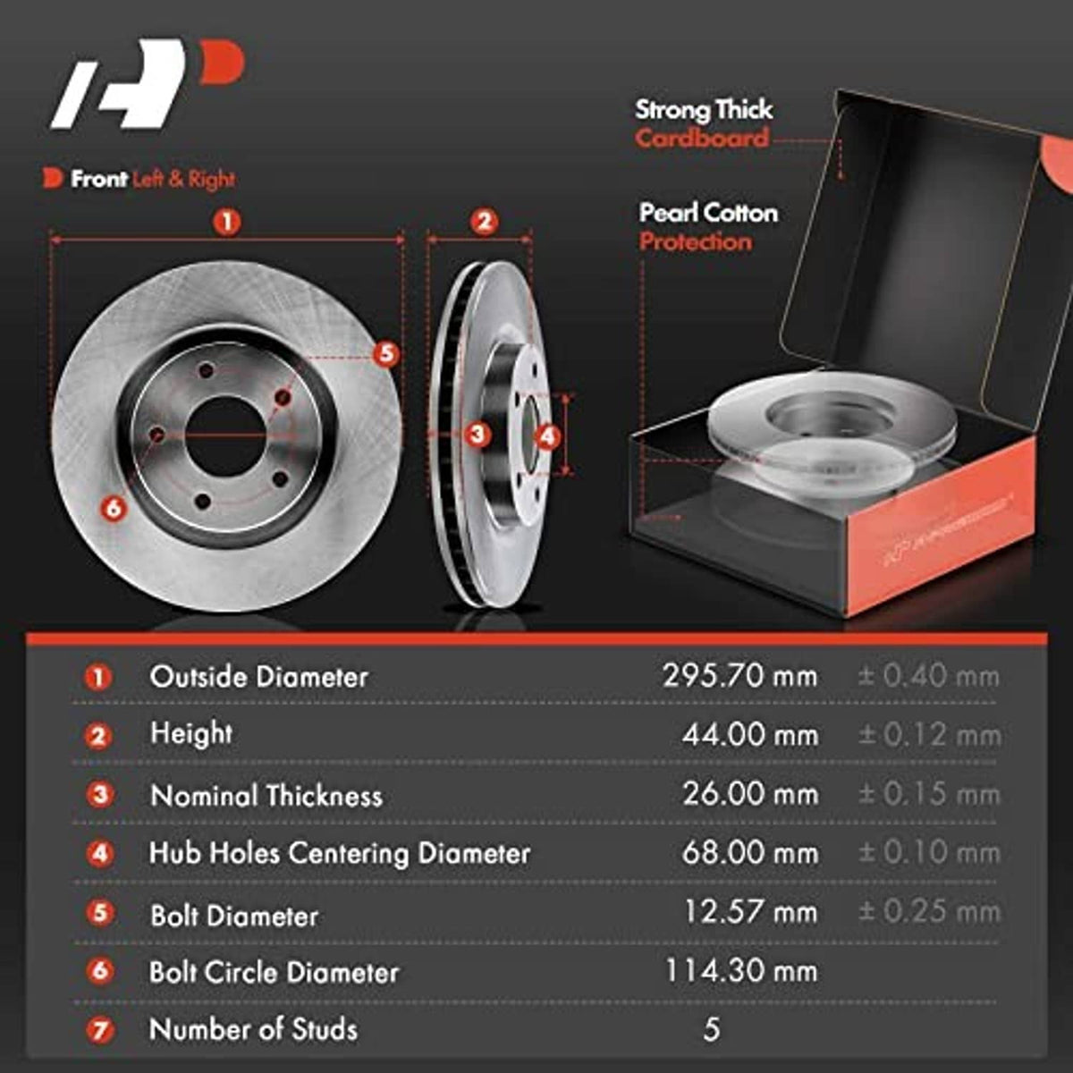 Front vented brake rotor size chart with cross-section and measurement labels